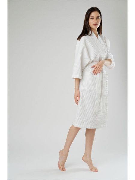 Халат вафельный белый, кимоно, р-р 54-56, крупная клетка 12х12мм (Баракаттекс)